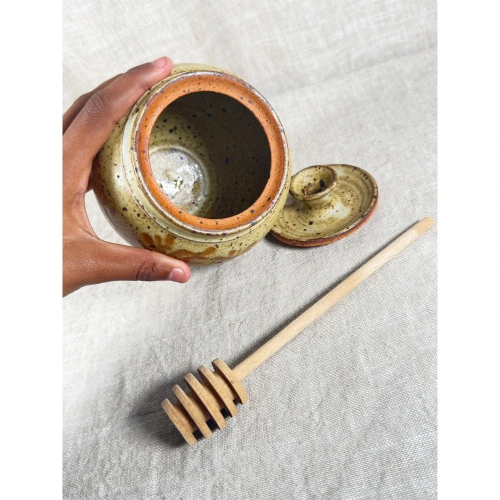 Handmade Studio Pottery Honey Pot with Wooden Dipper Tree of Life Speckled Tan
